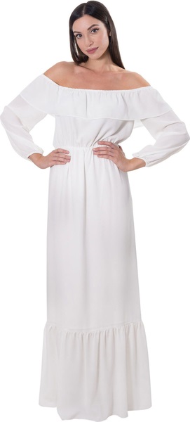 - فستان طويل باللون الأبيض مكشوف الاكتاف من كوكا