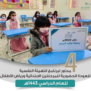 التعليم السعودية تعتمد أربعة محاور لبرنامج تهيئة العودة الحضورية لطلبة الابتدائي ورياض الأطفال. الصورة من الموقع الرسمي لوزارة التعليم