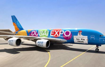 طائرة A380 بكسوة زرقاء خاصة بـإكسبو 2020. المصدر طيران الإمارات