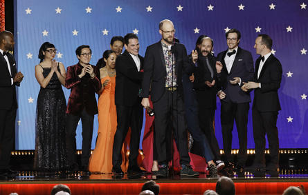 LOS ANGELES, CALIFORNIA - JANUARY 15: (L-R) Shirley Kurata, Ke Huy Quan, Stephanie Hsu, Harry Shum Jr., Jonathan Wang, Daniel Scheinert, Paul Rogers, Zak Stoltz, and Jon Read accept the Best Picture award for "Everything Everywhere All at Once" onstage during the 28th Annual Critics Choice Awards at Fairmont Century Plaza on January 15, 2023 in Los Angeles, California. Kevin Winter/Getty Images for Critics Choice Association/AFP  KEVIN WINTER / GETTY IMAGES NORTH AMERICA / Getty Images via AFP