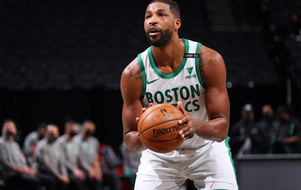 Tristan Thompson #13 of the Boston Celtics shoots the ball during the game against the Brooklyn Nets on March 11, 2021 at Barclays Center in Brooklyn, New York. Ned Dishman / NBAE / Getty Images / Getty Images via AFP