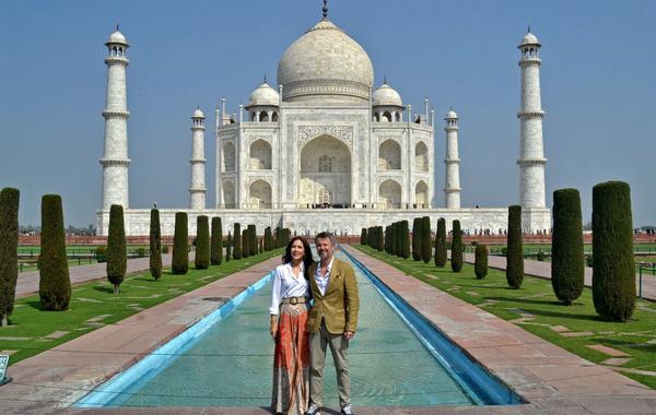 Crown Prince Frederik and Crown Princess Mary in front of the Taj Mahal in Agra on February 26, 2023. AFP
