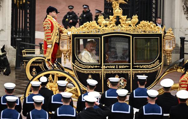 Britain's King Charles III and Britain's Camilla in the 'King's Procession', a journey of two kilometres from Buckingham Palace to Westminster Abbey in central London on May 6, 2023, ahead of their coronations. Marco BERTORELLO / AFP