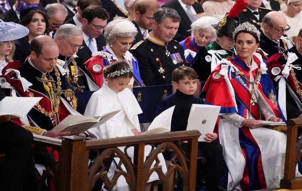 Prince William, Princess Charlotte, Prince Louis and Catherine, Princess of Wales attend the coronations of Britain's King Charles III and Britain's Camilla, Queen Consort at Westminster Abbey in central London on May 6, 2023. Victoria Jones / POOL / AFP